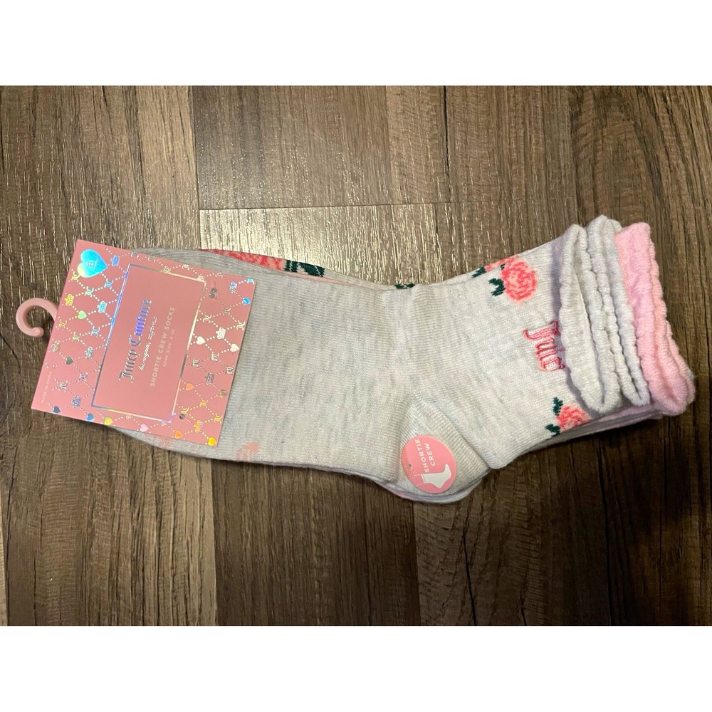 Juicy Couture 6 Pairs Shortie Crew Socks White Pink Floral Logo Shoe Size 4-10
